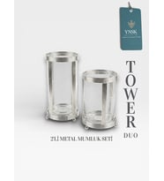 TOWER Dou  İthal 2'li Lüks Metal Mumluk Seti (Gümüş)