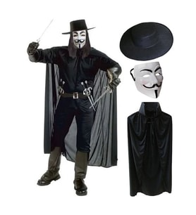V For Vendetta Maskesi Şapkası ve Pelerin Kostüm Seti Yetişkin Boy
