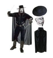 V For Vendetta Maskesi Şapkası ve Pelerin Kostüm Seti Yetişkin Boy