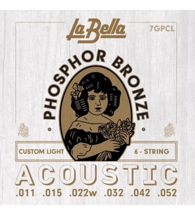 La Bella 7GPCL Akustik Gitar Teli Seti (Orta Seviye - 11-52 Custom Light)  Altın Alaşımlı 80/20 Bronz, Parlak ve Canlı Ton Karakteri, Yumuşak Çalım Hissi  Ölçüler: 0.011 - 0.052 İnç Takım