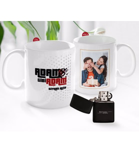 BK Gift Kişiye Özel Babalar Günü Hediyesi Fotoğraflı Kupa Bardak ve Benzinli Çakmak Seti-2 (Model 1)