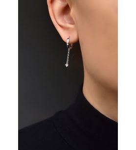 Papatya Silver 925 Ayar Gümüş Zincir Tektaş Sallantılı Halka Küpe (Rodyum)