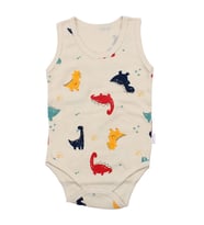 Erkek Bebek Ekru Renkli Dino Baskılı Askılı Zıbın