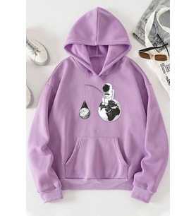 Unisex Uzay Temalı Baskılı Sweatshirt (Lila)