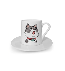 Kedi Temalı Beyaz Türk Kahvesi Fincanı