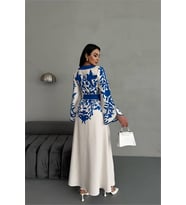 Neşeli butik kadın atlas kumaş düğme detaylı elbise NBMS2507 (Mavi)