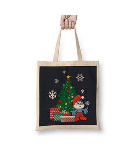 Papa Smurf Around The Christmas Tree Yılbaşı Beyaz Bez Çanta Uzun Saplı Alışveriş Çantası