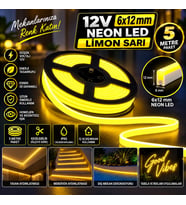 12 Volt 6x12 mm Limon Sarısı Esnek Neon Led 5 metre IP65