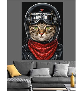 Kasklı Moto Kedi Portresi Dekoratif Kanvas - Mdf Ahşap Tablo