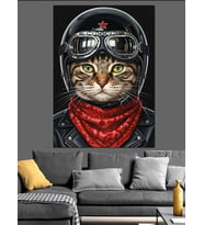 Kasklı Moto Kedi Portresi Dekoratif Kanvas - Mdf Ahşap Tablo