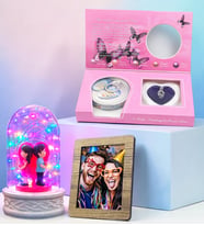 Kişiye Özel Fotoğraflı Renkli Led Işıklı Fanus & İstiridye İnci Kolye Hediye Seti (Model 10)