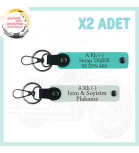 Beyaz-Turkuaz, Motor Severler İçin İsim Plaka ve A (-) Kan Grubu Yazılı Özel Tasarım 2'li Anahtarlık