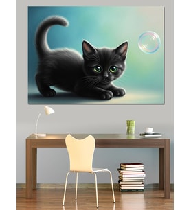 Baloncuklu Siyah Kedi Dekoratif Kanvas - Mdf Ahşap Tablo