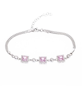 Kare Model 5 mm Pembe Zirkon Taşlı 925 Ayar Gümüş Kadın Bileklik