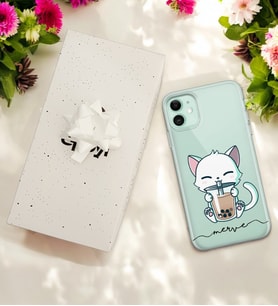 Smoothie Kedi Tasarımlı Kişiye Özel Şeffaf Telefon Kılıfı (Tüm Telefon Modelleri Mevcuttur.) - Hediye Kutulu