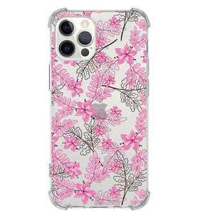 Apple iPhone 12 Pro Uyumlu Köşe Korumalı Antişok  Kapak Floral Pembe Tasarımlı Şeffaf  Kılıf