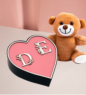 Kalp Kutu Kişiye Özel Çift Harf Tasarımlı Kalp Kutu Ve 25 cm Peluş Ayıcık