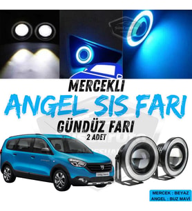 Dacia Lodgy 2012-2022 Uyumlu Mercekli Angel Sis Farı Metal 76 mm Buz Mavi Halkalı Gündüz Farı 2 Adet