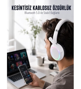 Rgb Işıklı Mikrofonlu Bluetooth Kulaklık Beyaz Over-ear Tasarım Type-c Şarjlı