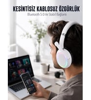 Rgb Işıklı Mikrofonlu Bluetooth Kulaklık Beyaz Over-ear Tasarım Type-c Şarjlı