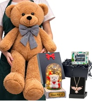 Kahve Büyük Boy Peluş Ayıcık, Size Özel Işıklı Fanus ve Anka Kuşu Kolye (Model 4)