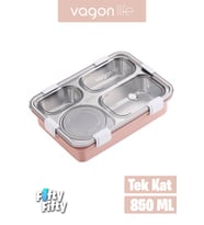 Vagonlife Büyük Ebat 850 ML (Paslanmaz Çelik Tek Kat Dört Bölmeli Çorba Kaseli Lunch Box Yeni Nesil Sefer Tası -FFLBOX50433 (Pudra)