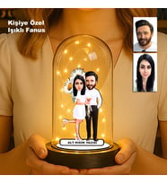 Kişiye Özel Çift Karikatür   Sevgili ve Evlilere Özel Fanus Işıklı Biblo