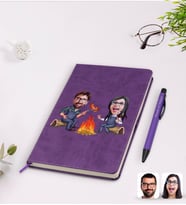 BK Gift Kişiye Özel Sevgililer Karikatürlü Mor Termo Deri Defter Kalem Seti Model 95