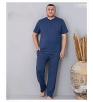 Pijamoni Erkek Battal Düğme Yaka Penye Kısa Kol  Pijama Takımı 6730/1 - 1 Adet (Mavi)
