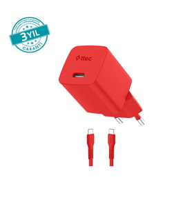 ttec SmartCharger GAN 45W AVS PD Seyahat Hızlı Şarj Aleti + USB-C - USB-C 3A Kablo Neon