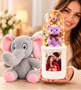Kişiye Özel Fotoğraflı LED Işıklı Fanuslu Ayıcık Buketi ve Peluş Fil Hediye Seti