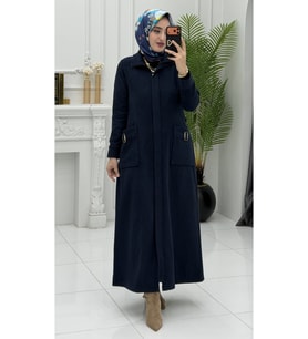 Aslı Kaban Lacivert Kadın Şık Kışlık Kaban Uzun Tesettür Dış Giyim Mont Günlük Elegan Kaban