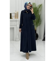 Aslı Kaban Lacivert Kadın Şık Kışlık Kaban Uzun Tesettür Dış Giyim Mont Günlük Elegan Kaban