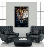 Metal Çerçeveli Temperli Cam Tablo Mavi Gözlü Leopar (Siyah)
