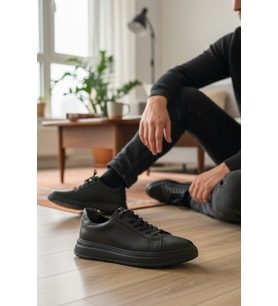 Enoch Hakiki Deri Siyah Mikro Dokulu Erkek Sneaker Ortopedik Taban