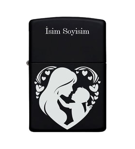 Anne ve Çocuk Desenli Kişiye Özel İsimli Benzinli Siyah Metal Çakmak
