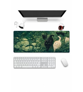 SonicTouch Klavye Mousepad 32x70cm Pürüzsüz Sıvı Geçirmez Kaymaz Taban Zümrüt Bahçenin Kedileri