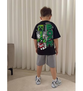 Cg Kids Minecraft Erkek Çocuk 2 İplik Tshirt & Şort Alt Üst Takım Süper Kalite Sırt Baskı Detaylı (Siyah)