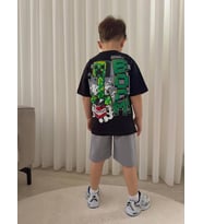 Cg Kids Minecraft Erkek Çocuk 2 İplik Tshirt & Şort Alt Üst Takım Süper Kalite Sırt Baskı Detaylı (Siyah)