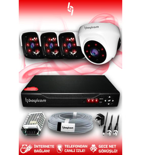 BAYICAM 4 Kameralı Panda 1 İç Kamera Set HDD'siz Full HD Gece Görüşlü Güvenlik Kamerası Sistemi