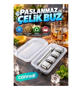 Yeniden Kullanılabilir Paslanmaz Çelik Buz Taşı 4'lü Set Maşalı Saklama Kutulu İçecek Soğutucu Küple