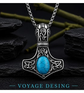 Turkuaz Taş Detaylı Viking Mitolojik Paslanmaz Çelik Mjolnir Thor Çekici Kolye