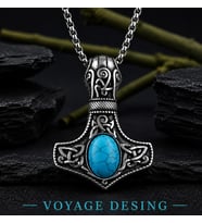 Turkuaz Taş Detaylı Viking Mitolojik Paslanmaz Çelik Mjolnir Thor Çekici Kolye