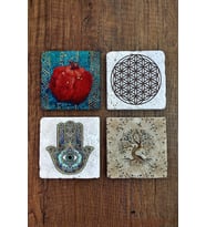 Doğal Taş Bardak Altlığı Uv Baskılı 4'lü Set - Nar, Yaşam Çiçeği, Nazar, Hayat Ağacı Stone Coasters