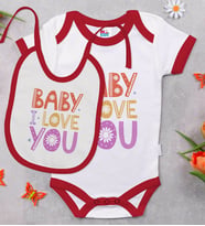 BK Kids Baby I Love You Tasarımlı Kırmızı Bebek Body Zıbın ve Mama Önlüğü Hediye Seti-1