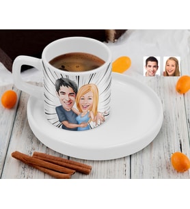 BK Gift Kişiye Özel Sunum Tabaklı Sevgililer Karikatürlü Kahve Fincanı-14, Sevgiliye Hediye, Aileye Hediye