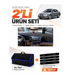 SUBARU LEGACY (2003-2009) Uyumlu Torpido Örtüsü + Tay Tüyü Bagaj Çantası + Sticker Seti - Siyah Mavi