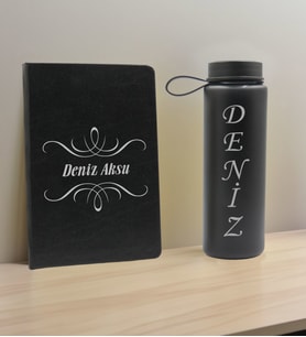 BK Gift Kişiye Özel İsimli Siyah Defter ve Cam Matara Hediye Seti-7, Sevgiliye Hediye, Arkadaşa Hediye, Yeni İş Hediyesi
