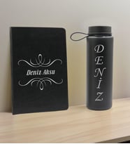BK Gift Kişiye Özel İsimli Siyah Defter ve Cam Matara Hediye Seti-7, Sevgiliye Hediye, Arkadaşa Hediye, Yeni İş Hediyesi