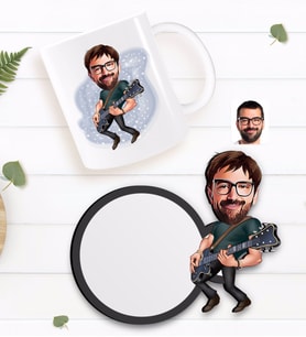 BK Gift Kişiye Özel Erkek Gitarist Karikatürlü Beyaz Kupa ve Ahşap Bardak Altlığı Hediye Seti-1